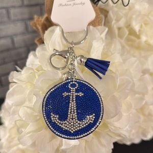 Fashion Jewelry Blue and Silver Anchor Ornament with Rhinestones Key Chain